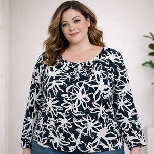 Laura Ashley Blouse Womens Plus 3X Black White Pleated Long Sleeve Career Top